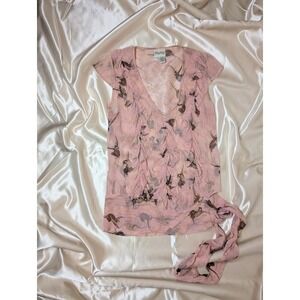 vintage y2k 100% silk sheer top Tracy Reese 2 pink ruffle blouse with tie fairy